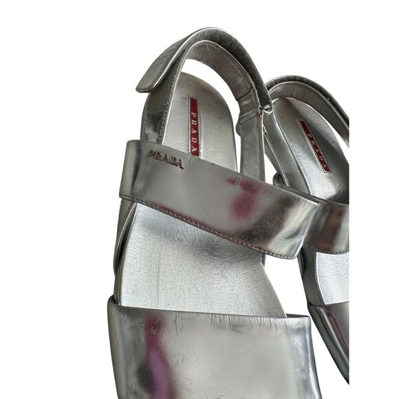 PRADA Silver Leather Double Strap Sandals Size 38.5 - Picture 9 of 10